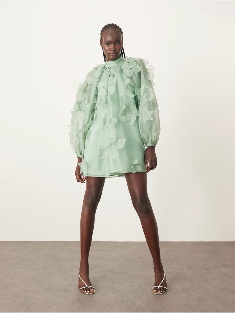Sheer Mint Green Floral Appliqué Mini Dress